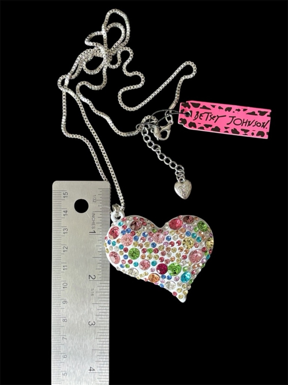 Betsey Johnson Rhinestone Heart Necklace Colorful Statement Pendant Bold Y2K - Picture 5 of 7